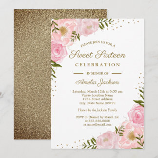 Blush Gold Floral Watercolor 16 . Geburtstag Einla Einladung