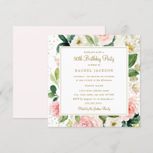 Blush Gold Floral Watercolor 50. Geburtstagseinlad Einladung