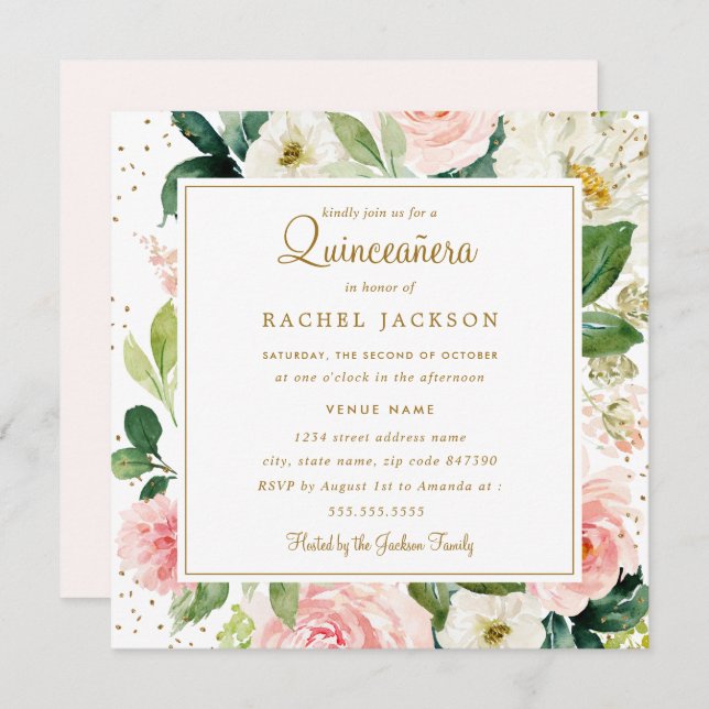Blush Gold Floral Watercolor Quinceanera Einladung (Vorne/Hinten)