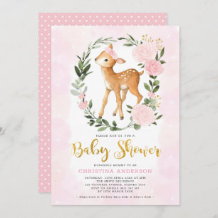 Blush Gold Floral Woodland Deer Girl Baby Dusche Einladung