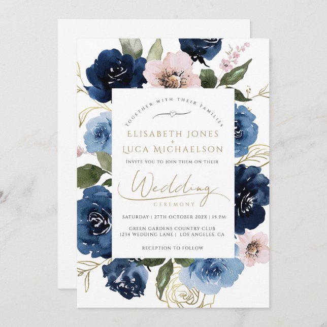 Blush Gold Florals Botanical Blue Wedding Einladung (Vorne/Hinten)