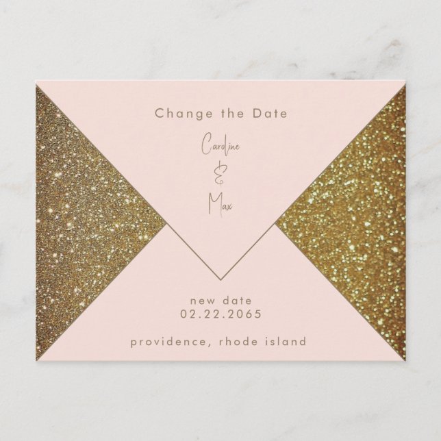 Blush & Gold Glam Hochzeit ändern das Datum Postkarte (Vorderseite)