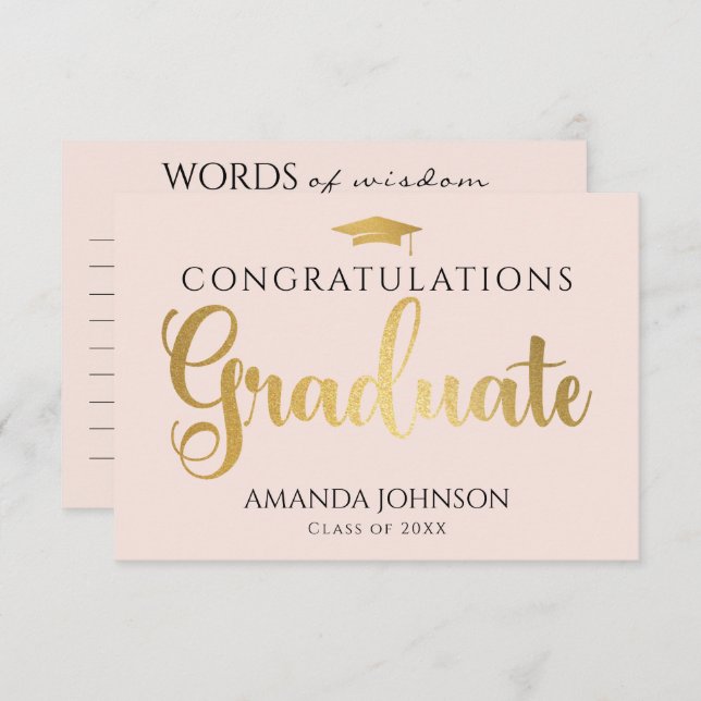 Blush Gold Graduate Words of Wisdom Abschluss Begleitkarte (Vorne/Hinten)