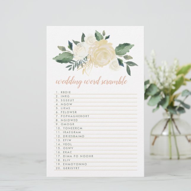 Blush Gold Green Floral Wedding Word Scramble Game Briefpapier (Stehend Vorderseite)