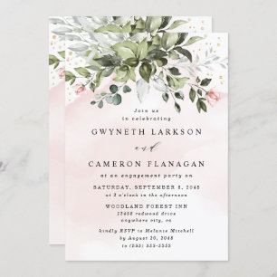 Blush Gold Greenery Dusty Blue Engagement Party Einladung