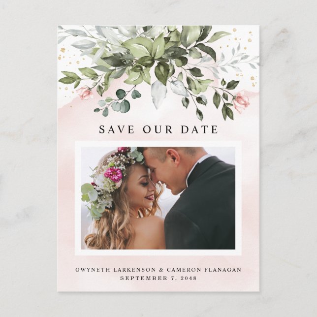 Blush Gold Greenery Dusty Blue Save the Date Foto Postkarte (Vorderseite)
