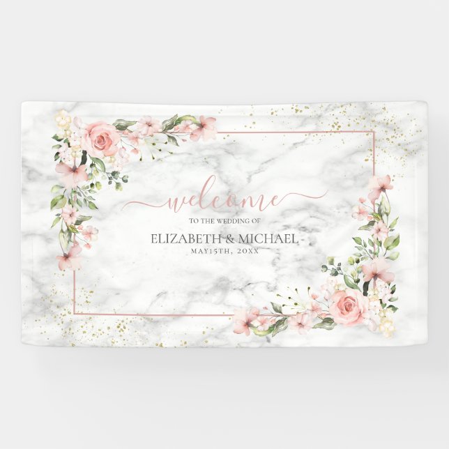 Blush Gold Greenery Dusty Pink Bloral Wedding Banner (Horizontal)
