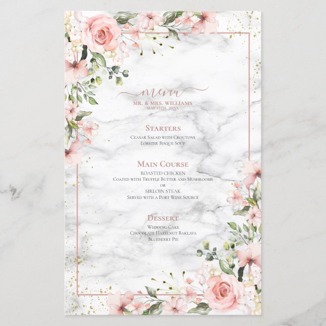 Blush Gold Greenery Dusty Pink Floral Wedding Menü (Vorderseite)