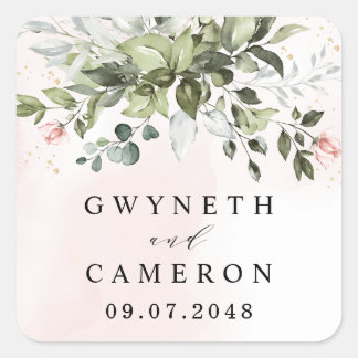 Blush Gold Greenery Succulent Dusty Blue Wedding Quadratischer Aufkleber