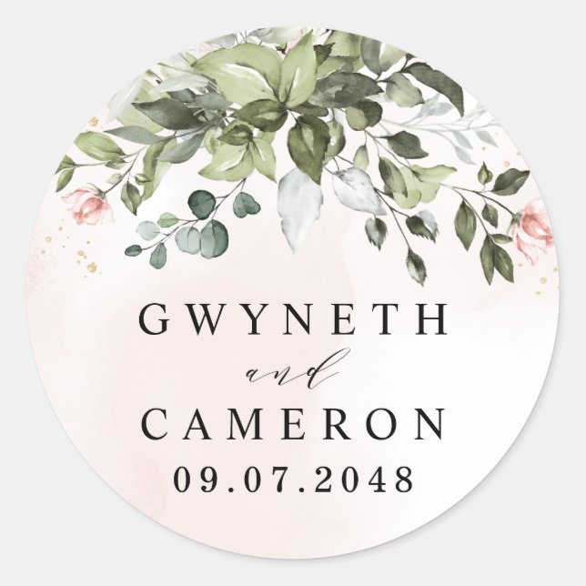 Blush Gold Greenery Succulent Dusty Blue Wedding Runder Aufkleber (Vorderseite)