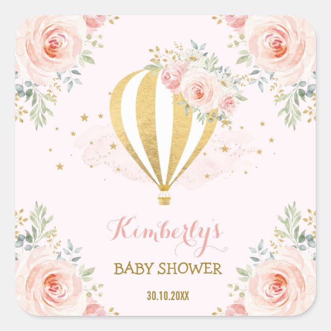 Blush Gold Hot Air Ballon Rosa Gastgeschenk Quadratischer Aufkleber (Vorderseite)