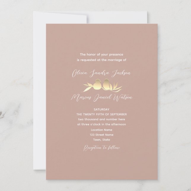 Blush Gold Lovebirds Hochzeit Einladung (Vorderseite)