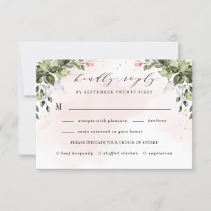 Blush Gold Meal Choice Greenery Dusty Blue Wedding RSVP Karte