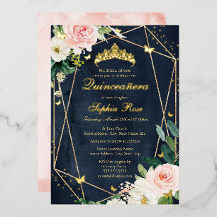 Blush Gold Navy Bloral Butterfly Quinceanera Folieneinladung