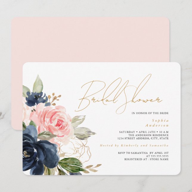Blush Gold Navy Brautparty Einladung (Vorne/Hinten)