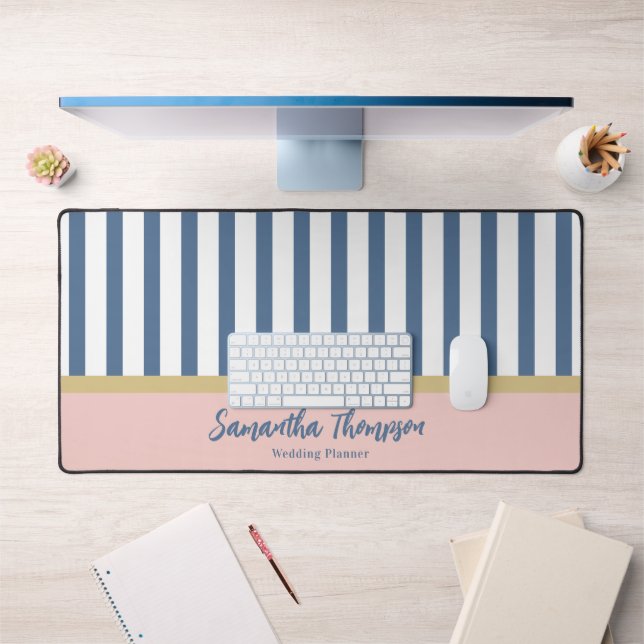 Blush Gold & Navy Stripter Name und Beruf Schreibtischunterlage (Büro 1)