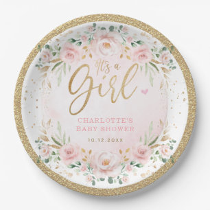 Blush Gold Pink Blues Floral Baby Girl Dusche Pappteller