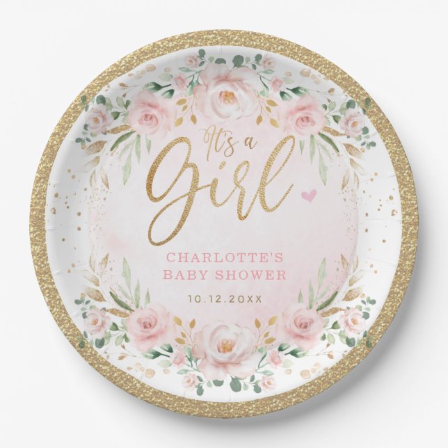 Blush Gold Pink Blues Floral Baby Girl Dusche Pappteller (Vorderseite)