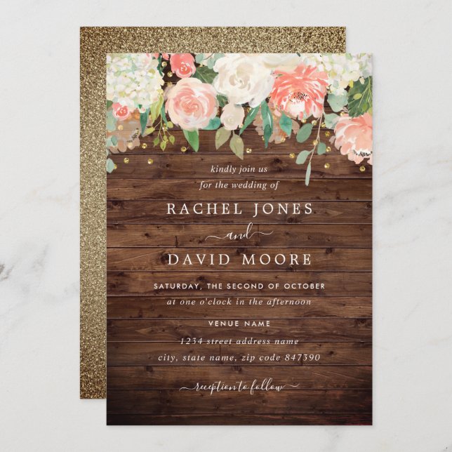 Blush Gold Rustic Wood Floral Wedding Einladung (Vorne/Hinten)