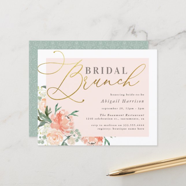 Blush & Gold Script Blumenbridal Brunch (Vorderseite/Rückseite Beispiel)