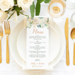 Blush Gold und Green Floral Wedding Menükarte<br><div class="desc">Die Menükarte zum Hochzeitsessen bietet Menü in Skripten mit individueller Formulierung und einem Monogramm, das vollständig personalisiert sein kann, gerahmt durch ein florales Aquarelldesign mit bemalten Rose, ranunculus Blume und Blätter. Das Farbschema umfasst neutrale Farbtöne wie Weiß, Creme, Rosa, Rosa, Rot, Gold, Grün und Dunkelgrau / Weich Schwarz. Ideal für...</div>