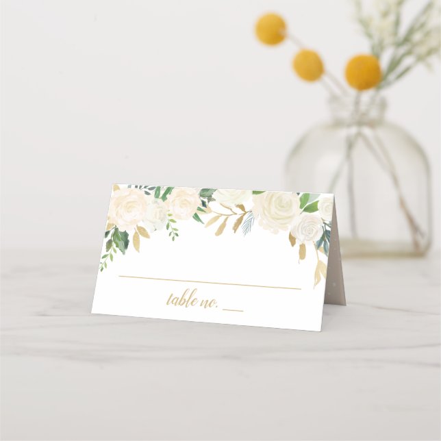 Blush Gold und Green Floral Wedding Platzkarte (Vorderseite)