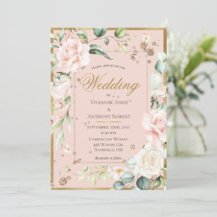 Blush Gold Wasserfarbe Romantische Blumenhochzeit Einladung