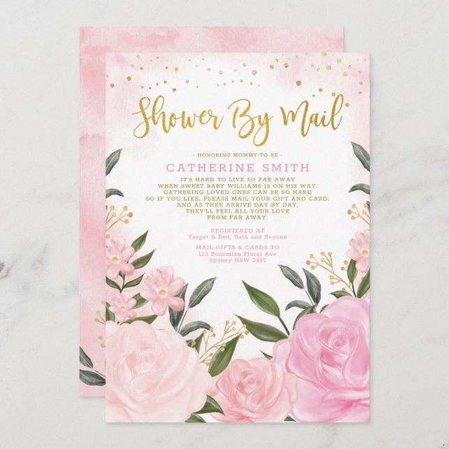 Blush Gold Wasserfarben Bloral Baby Dusche per Mai Einladung (Vorne/Hinten)