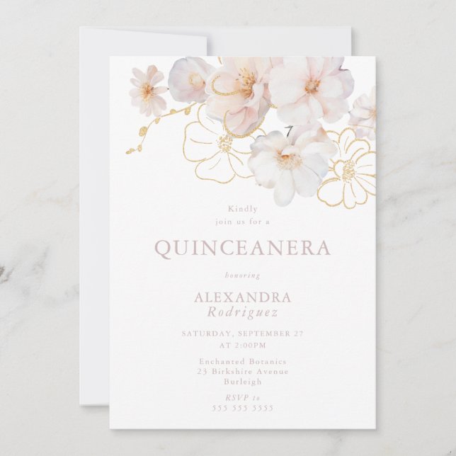 Blush & Gold Wildflowers Elegant Quinceanera Einladung (Vorderseite)