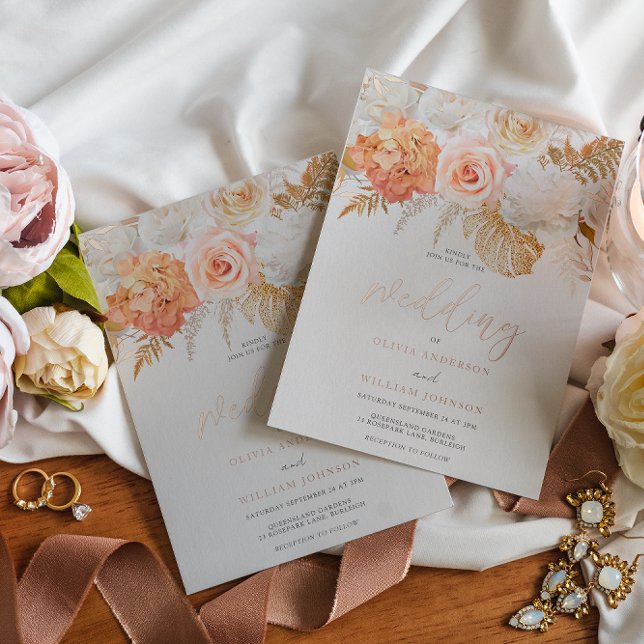 Blush & Golden Floral Wedding Rose Gold Folieneinladung (Von Creator hochgeladen)