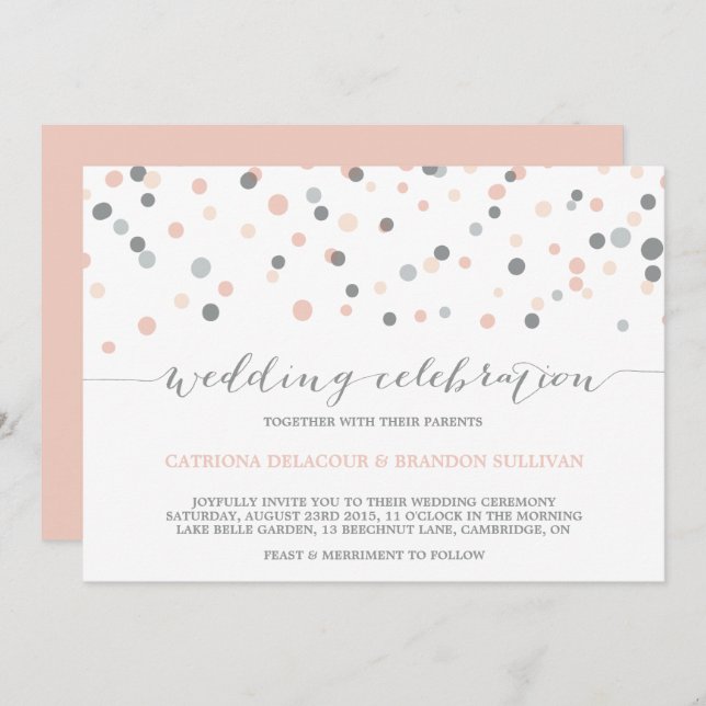 Blush & Gray Confetti Dots Einladung Hochzeit (Vorne/Hinten)
