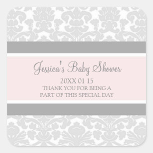 Blush Gray Damask Baby Dusche Pflegeaufkleber Quadratischer Aufkleber