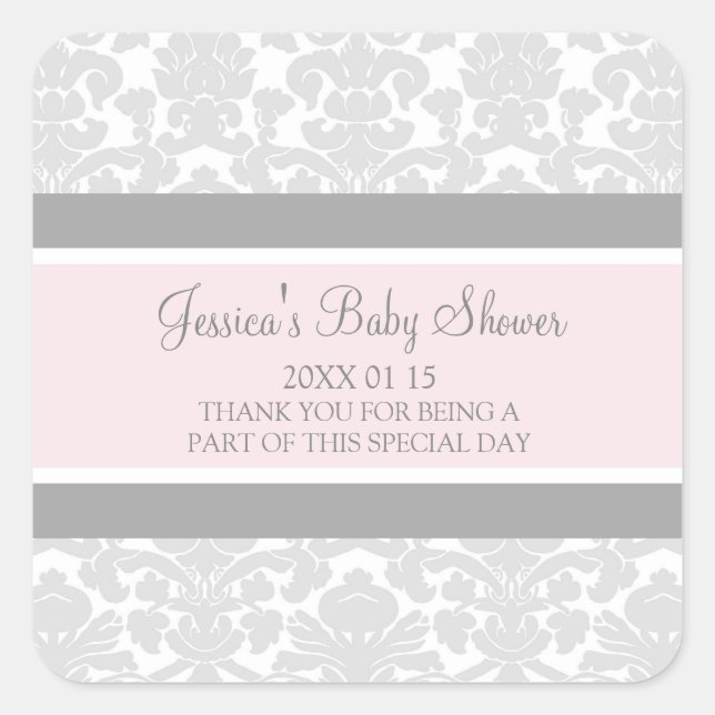 Blush Gray Damask Baby Dusche Pflegeaufkleber Quadratischer Aufkleber (Vorderseite)