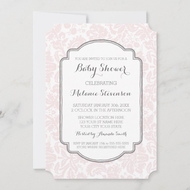 Blush Gray Damask Custom Baby Shower Einladungen (Rückseite)