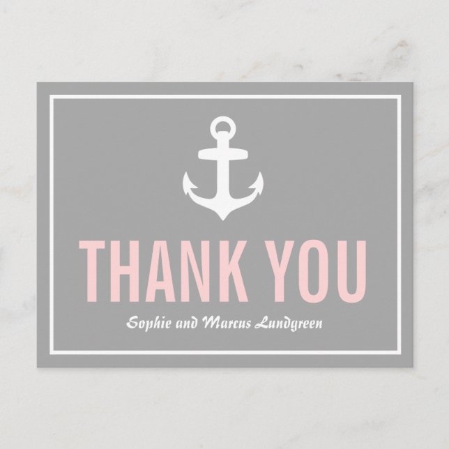 Blush & Gray Nautical Danke, Postcard Postkarte (Vorderseite)