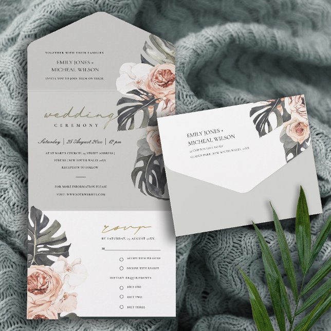 BLUSH GRAY PEACH FLORAL MONSTRERA LEAF WEDD ALL IN ONE EINLADUNG (Von Creator hochgeladen)