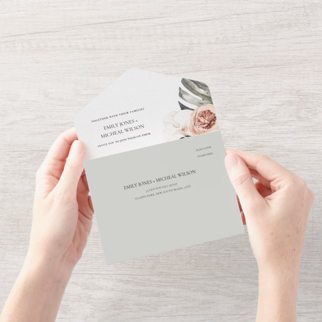 BLUSH GRAY PEACH FLORAL MONSTRERA LEAF WEDD ALL IN ONE EINLADUNG (Eröffnung)