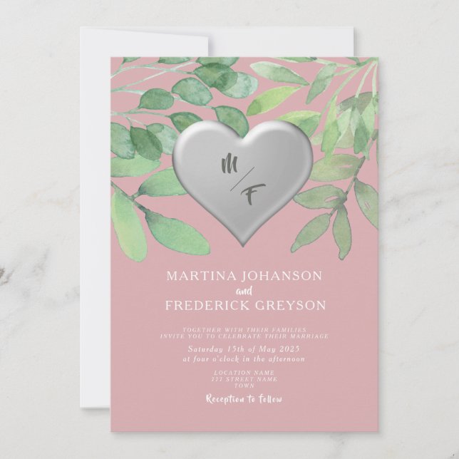 Blush Green Monogram Heart Wedite Einladung (Vorderseite)