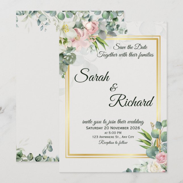 Blush Greenery Gold Frame Wedding Invitation Einladung (Vorne/Hinten)