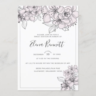 Blush Hand Drawn Blume 16 . Geburtstag Einladung