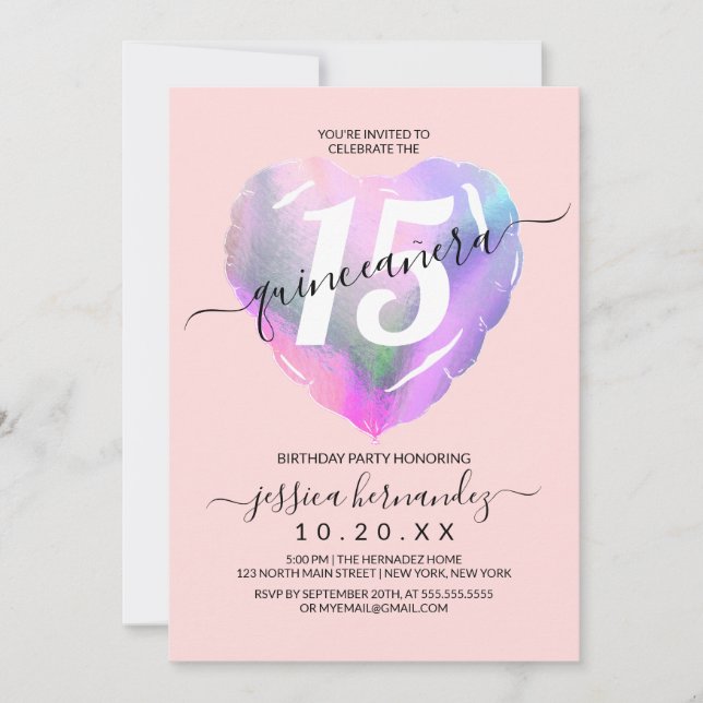 Blush Holographic Foil Heart Balloon Quinceañera Einladung (Vorderseite)