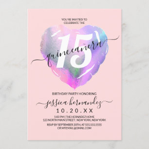 Blush Holographic Foil Heart Balloon Quinceañera Einladung