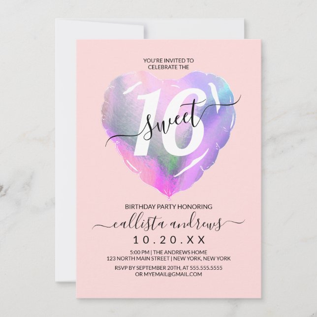 Blush Holographic Foil Heart Balloon Sweet 16 Einladung (Vorderseite)