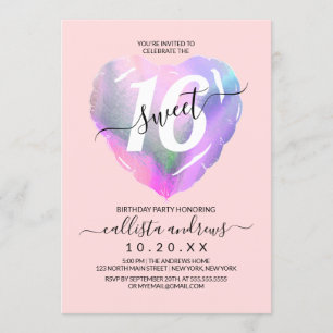 Blush Holographic Foil Heart Balloon Sweet 16 Einladung
