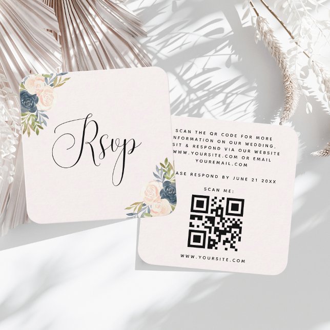 Blush & Indigo Aquarellfarben QR Code Hochzeit Begleitkarte (Von Creator hochgeladen)