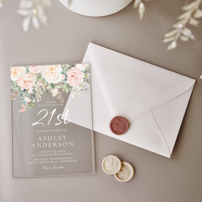 Blush & Ivory Blume 21. Geburtstag Party Acryleinladungen (Von Creator hochgeladen)