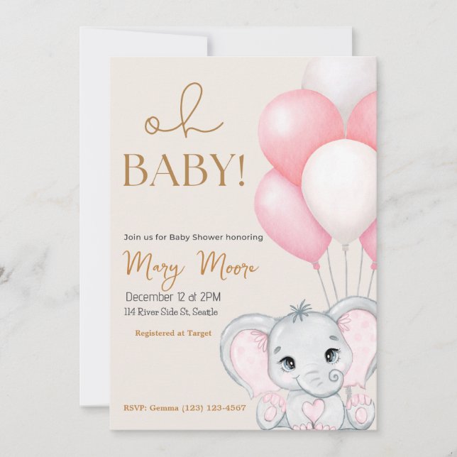 Blush Ivory Elephant Pink Balloons Babydusche Einladung (Vorderseite)