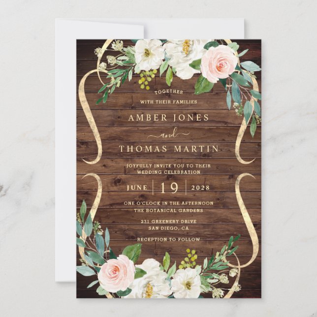 Blush Ivory Floral Pretty Rustic Wood Wedding Einladung (Vorderseite)