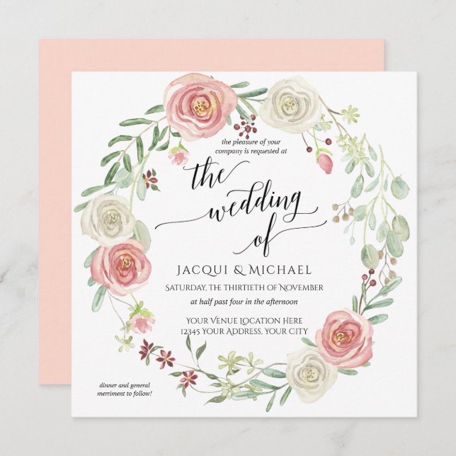 Blush Ivory Rose Wreath Foliage Hochzeit Wasserfar Einladung (Vorne/Hinten)