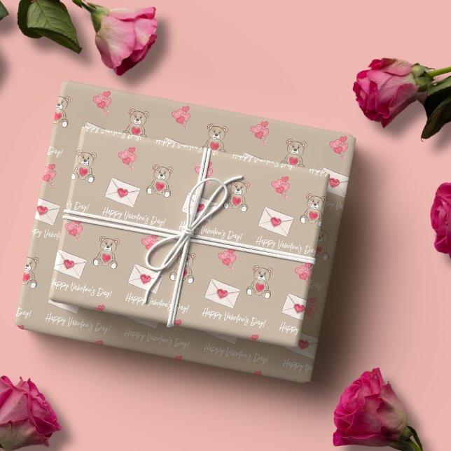 Blush-Kaffee mit Bären, Herz und benutzerdefiniert Geschenkpapier (Blush Coffee with Bear, Hearts, and Custom Message Wrapping Paper)